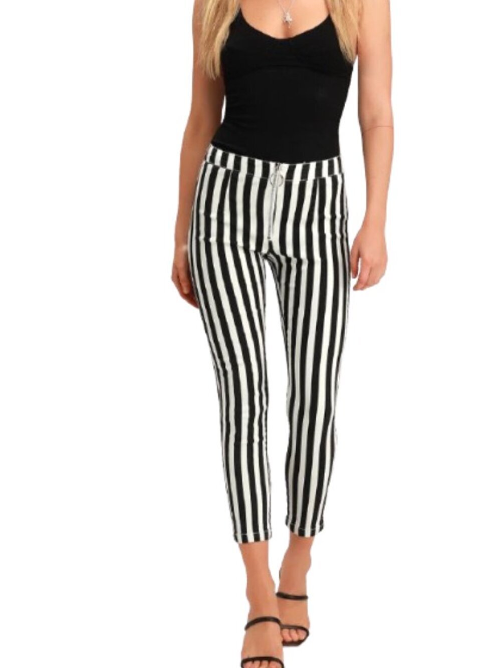 Women's L Lulus Aptitude Black and White Striped Zip-Front Cropped Skinny Jeans